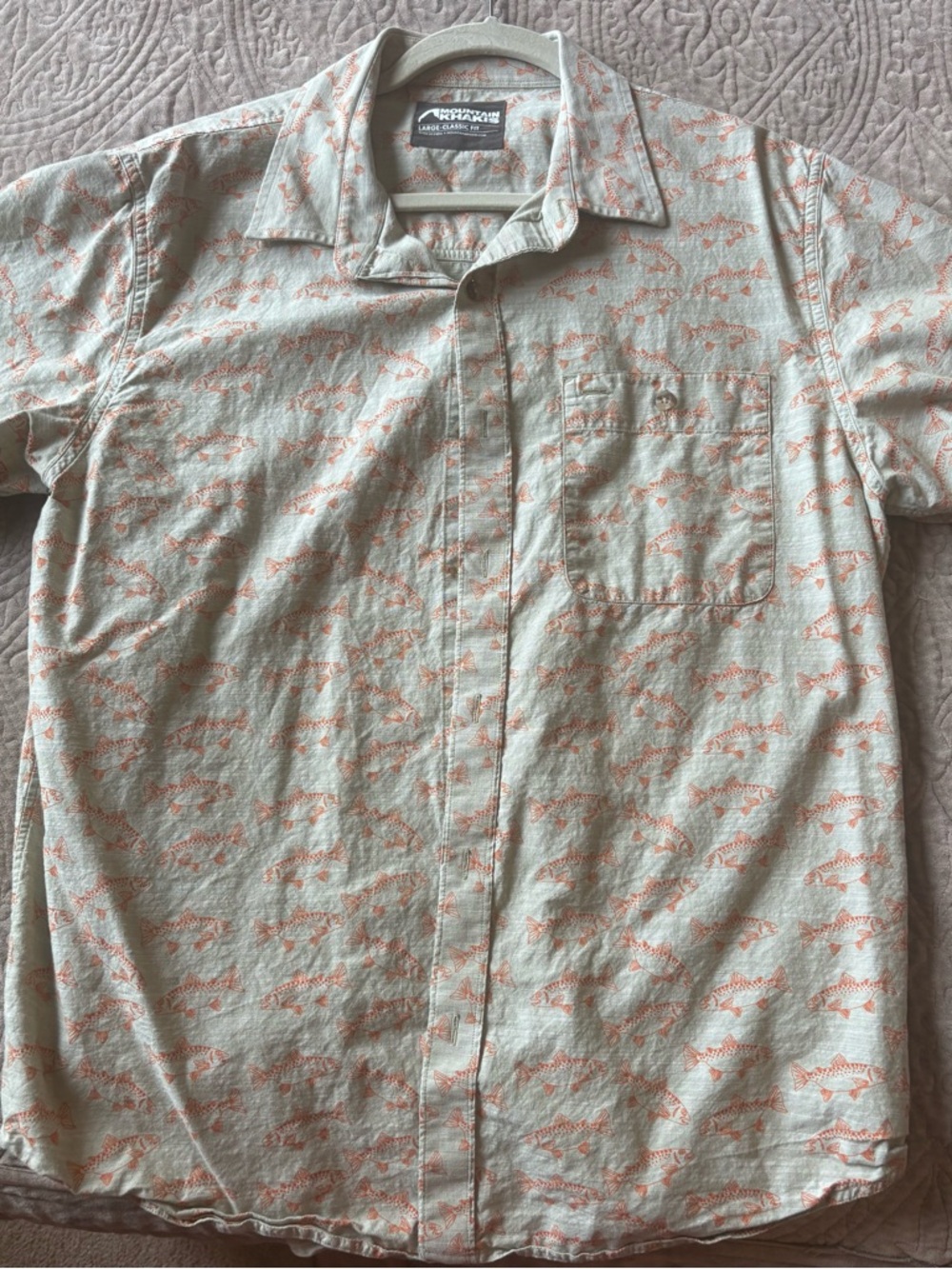 Mountain Khakis Men’s Short-Sleeve Fish Print Shirt - Light Green with Orange